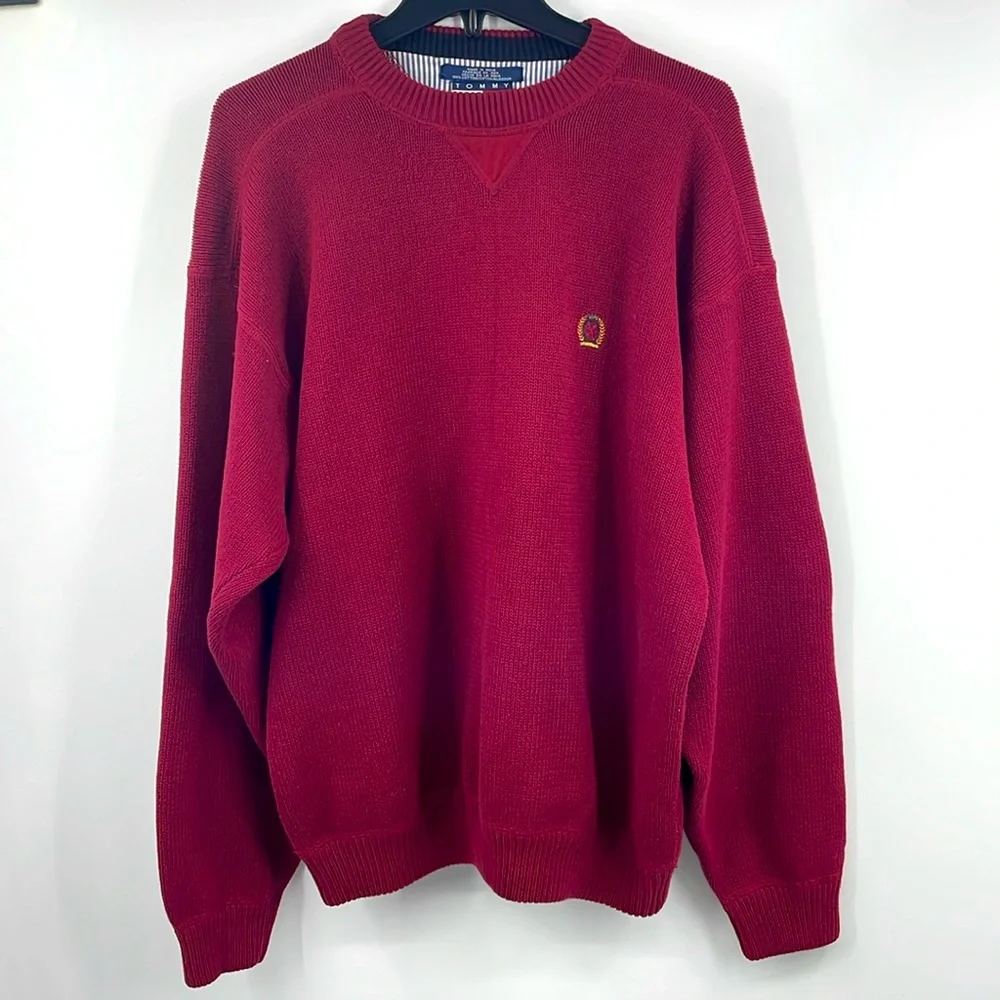 Vintage Y2K Tommy Hilfiger Chunky Knit Cranberry Red Crewneck Sweater Size XL